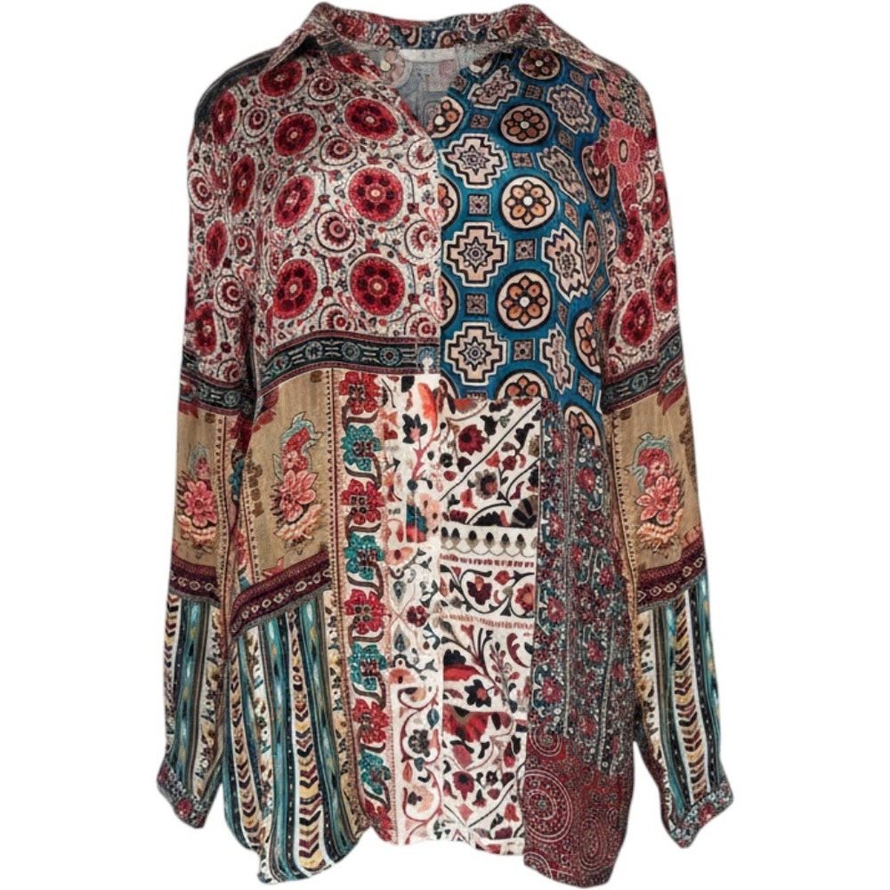 NEW Shana Viscose Silk Floral Tunic Women's Size Med Red Blue Multi Boho Hippie